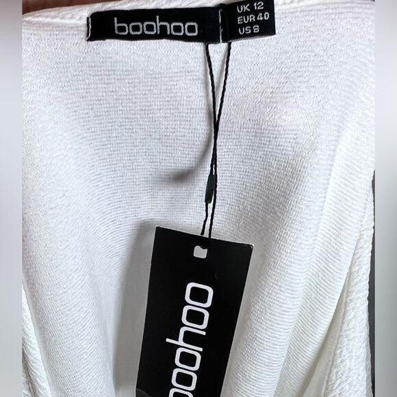 Boohoo Emilia ruffle one sleeve vneck peplum top in ivory white size 8 NWT - Picture 6 of 7